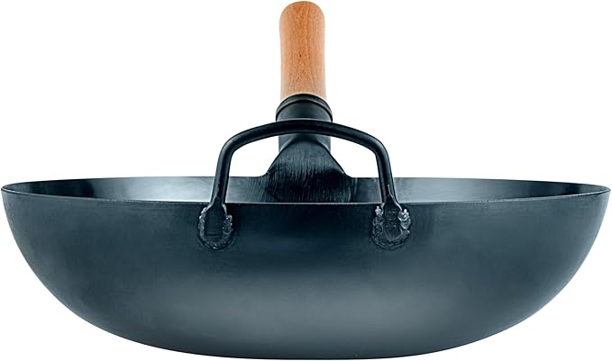 Restaurantware-Motomori 14 Inch Blue Carbon Steel Wok Pan, 1 Traditional Japanese Wok - Flat Bottom, Hand-Hammered, Carbon Steel Traditional Stir Fry Pan, With Wooden Handle
