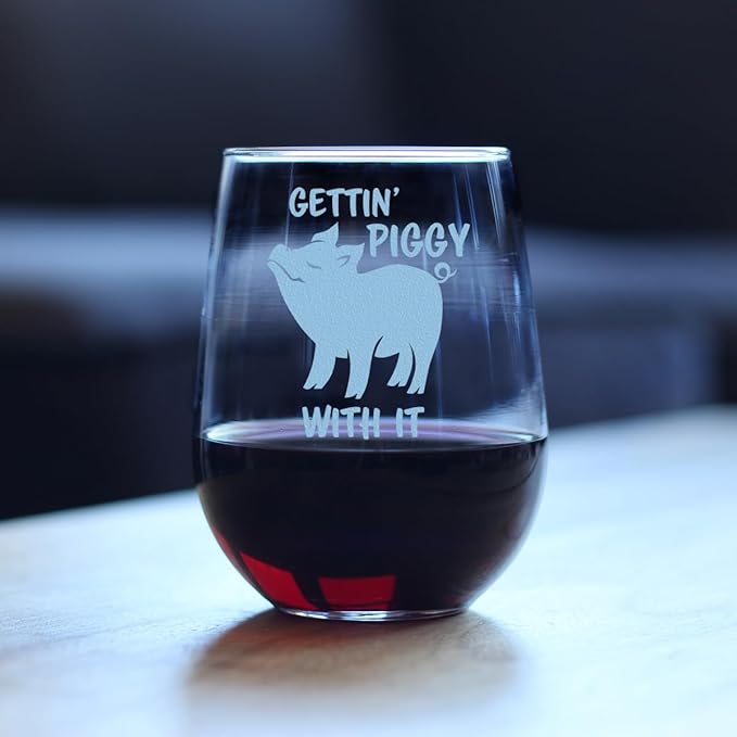 Custom Gettin' Piggy With It - Personalized Stemless Wine Glass - Pig Decor Gifts for Lovers of Swine and Wine - Large 17 Ounce - Customized Wine Glass Gift