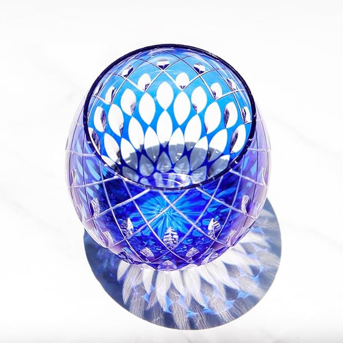 JINZHI Japanese Style EDO Kiriko Whiskey Glasses 11OZ Unique Shape Colored Hand Carved Crystal Glass Tumbler for Bourbon Lovers - Style Glassware for Rum - Rocks Glasses in Gift Box (Sky Blue)