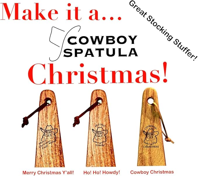 COWBOY SPATULA - Mesquite Wood Spatula, Handmade in Texas, Made in USA, Perfect for cast iron cookware, steel cookware, nonstick cookware - Personalization Optional (Christmas - Ho Ho Howdy!)