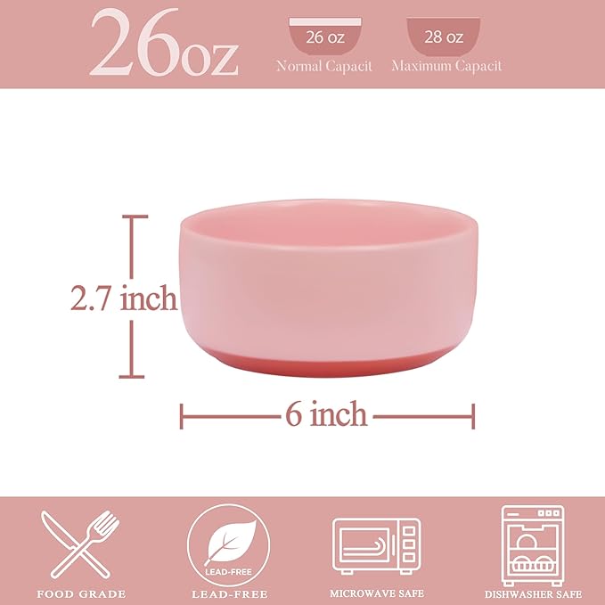Stoneware Cereal and Soup Bowls Set of 4, 6-Inch Dual Glaze Ceramic Bowls for Breakfast & Oatmeal, Microwave and Dishwasher Safe, Pink