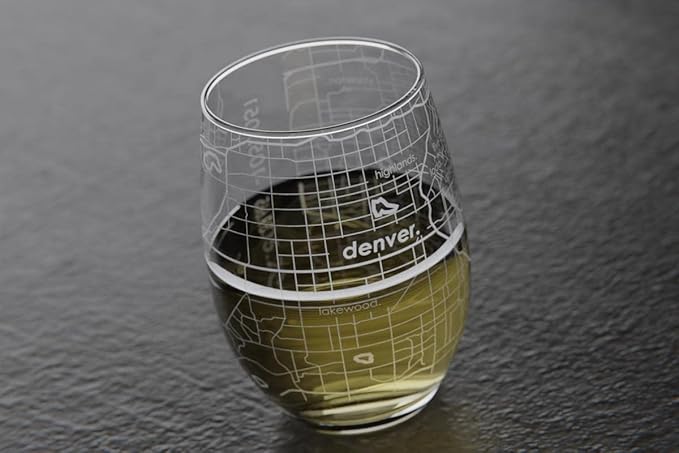 Well Told Engraved Denver Colorado Map Stemless Wine Glass, Etched Wine Glass (15 oz, Clear) City Map Wine Glass, Custom Wine Glass, Gifts for Wine Lovers