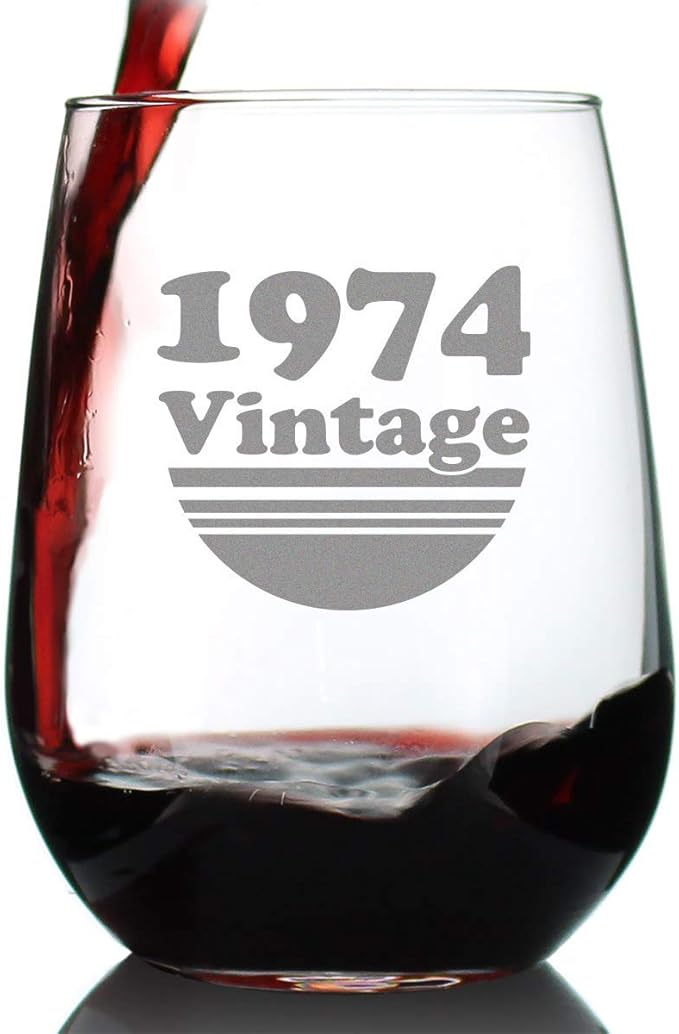 Bevvee Vintage 1974 Stemless Wine Glass - 52nd Birthday Gifts for Women & Men Turning 52 - Bday Party Decor - Large 17 oz