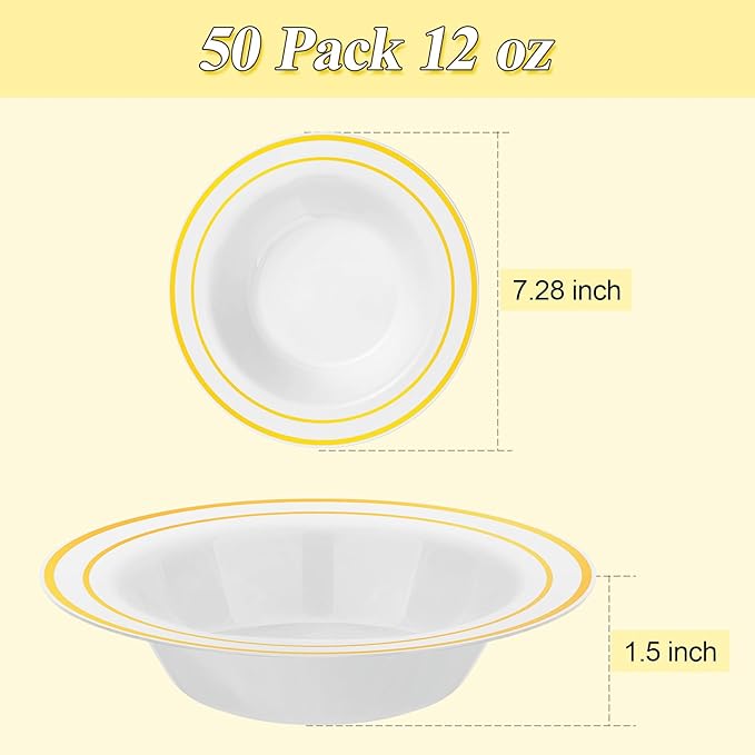 BESTSTAR 100 Pack Disposable Soup Bowls with Gold Rim, 12oz Premium Heavy Duty Plastic Dinner Bowls for Party, Wedding and Holiday