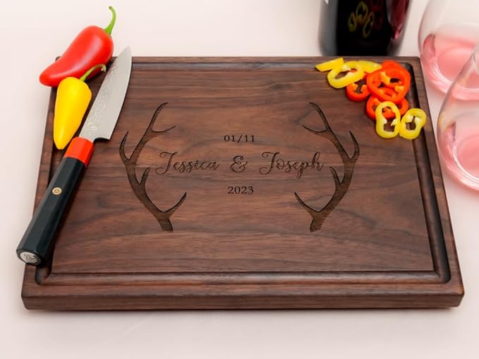 Personalized Cutting Board, Custom Wedding, Anniversary or Housewarming Gift Idea, Wood Engraved Charcuterie, for Family and Couples, Hunter Antler Design 105