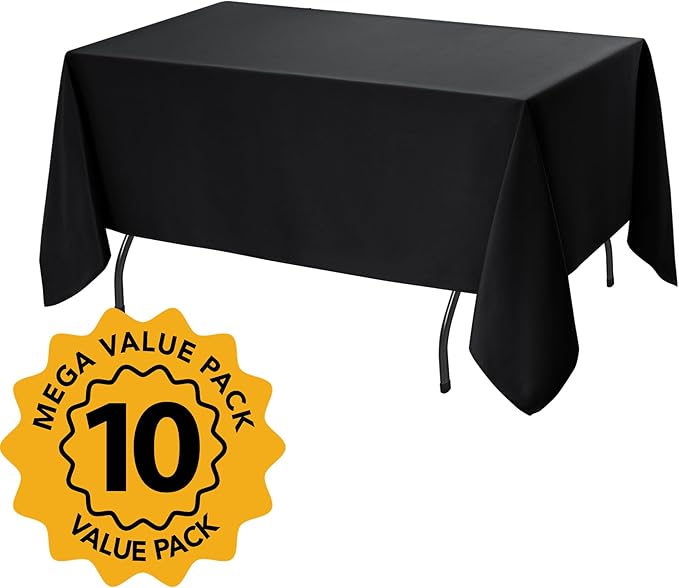 10-Pack Black Tablecloths for Rectangle Tables, 70 x 120 Inches, Stain-Resistant Polyester Fabric for 6 Foot Tables - Washable Table Covers for Weddings, Banquets, Birthday Parties, Events
