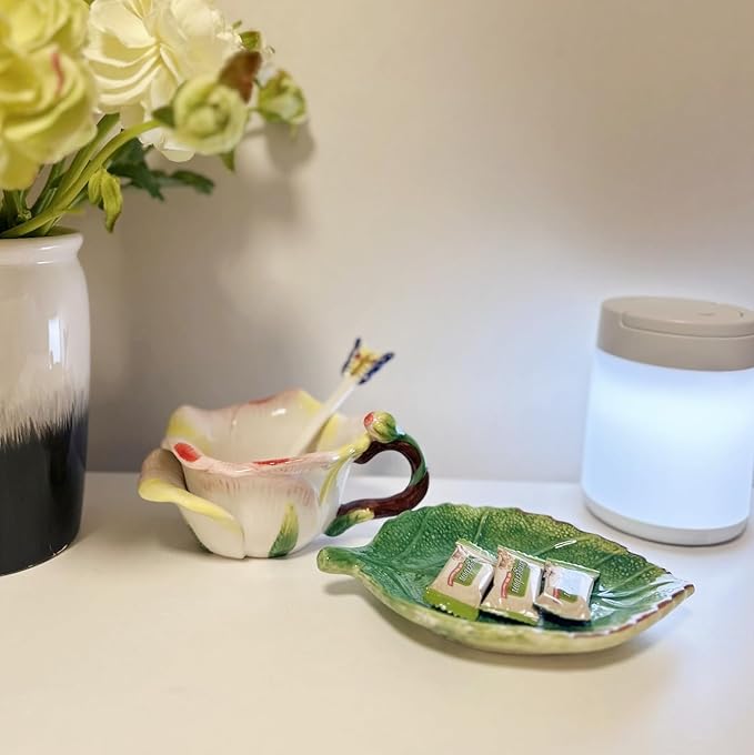 Ceramic Tea Cup and Saucer Set ，6OZ 3D Hand-Painted Flower and Lotus Leaf Coffee Mug，Gift for Women- Champagne Rose