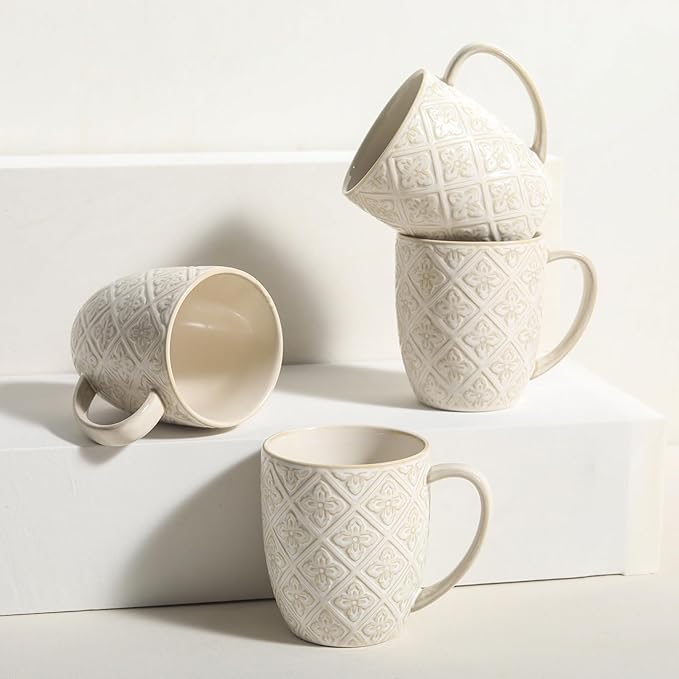 Coffee Mug Set of 4, 16 oz Large Ceramic Mugs, Porcelain Embossed Cups for Cocoa, Tea, Milk, Mocha, Cappuccino - Housewarming Present, Wedding Decoration, Dishwasher Safe, 3.5 x 4.5 inch