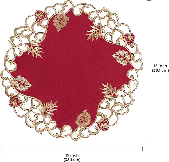 Decozen Set of 8 Doilies for Table, Lace Doilies Rustic Farmhouse Kitchen Dining Table Centerpiece Decor, 15 Inch Gold Burgundy Round Placemats for Home, Valentines Day Gifts, Valentines placemats