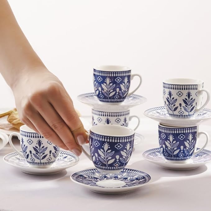KARACA Peyker Turkish Coffee Cup Set for 6 People - 12 Piece Cups with Saucers - Small Bone China Espresso Set - Ideal for Serving Greek, Arabic Coffee (2.8 fl oz)