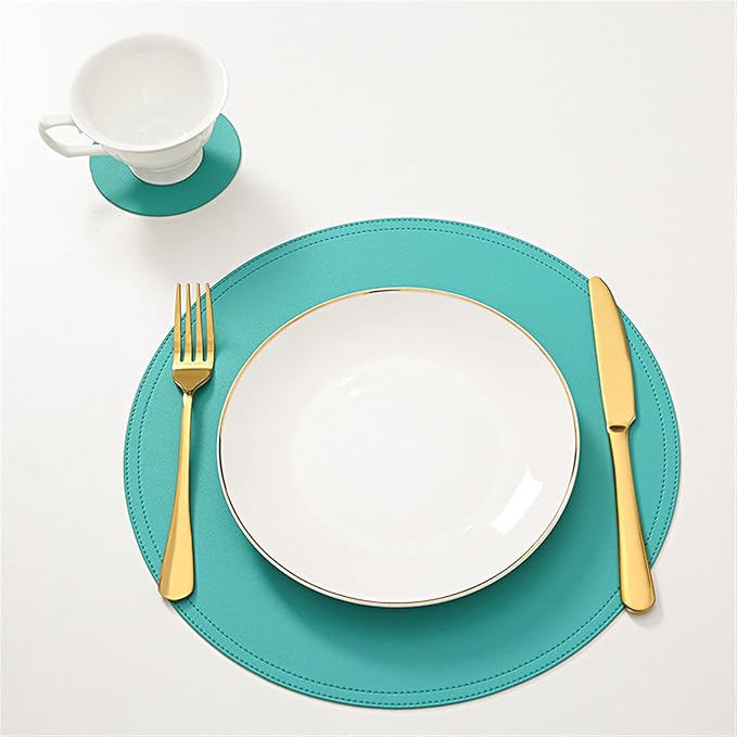 Color Tableware Pad Placemat PU Leather Table Mat Heat Insulation Non-Slip Bowl Coaster Kitchen(Green)
