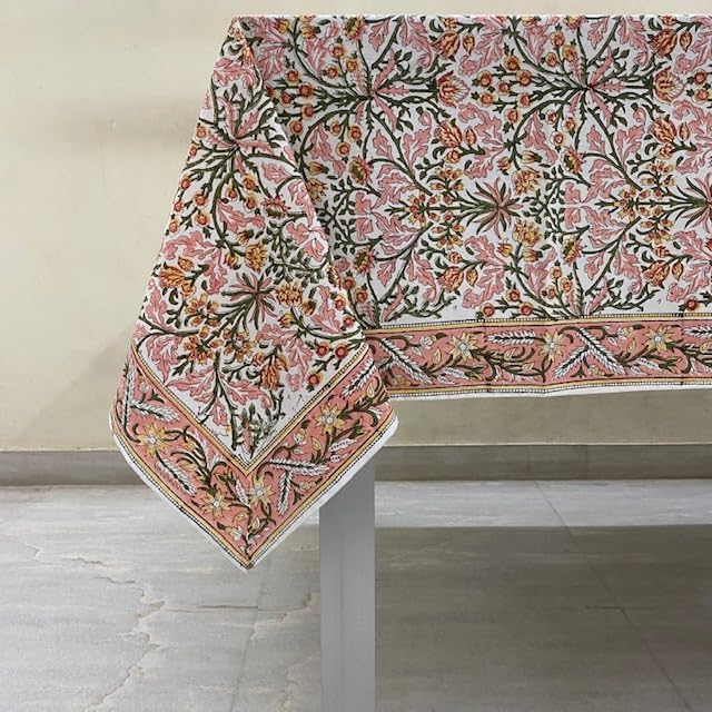 Ridhi Hand Block Print Sassy Salmon Emerald Green Rectangle Cotton Tablecloth 108" x 70" Reusable Table Cover Decorative Everyday Use for Dining, Farmhouse, Home Gift for Spring, Easter, Valentine