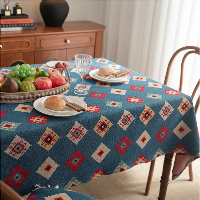 Rectangular Tablecloth Jacquard Geometric Ethnic Style Tablecloth Thick Tablecloth Suitable for Restaurant Camping(Style7,140 * 260cm)