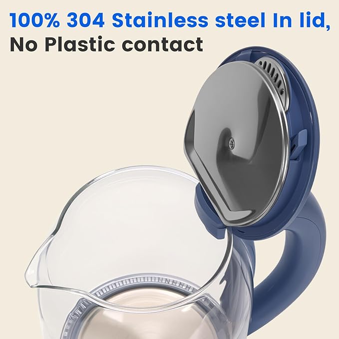 Household Electric Kettle, All 304 Stainless steel and No Plastic Contact, Automatic Shut-off,Borosilicate glass Visual Boiling, 2.0L Water Boiler & Tea Kettle Perfect For Tea & Coffee
