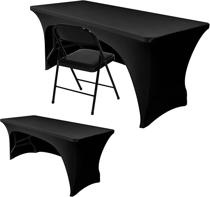 Nasitos 2 Pack Black Table Cloth Rectangle - 8 ft Spandex Stretch Tablecloths Fitted, Washable, Wrinkle-Free for Parties, Banquet & Trade Shows