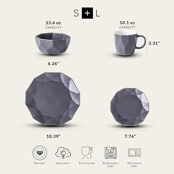 Stone + Lain Jamie Porcelain 16-Piece Geometric Dinnerware Set, Grey