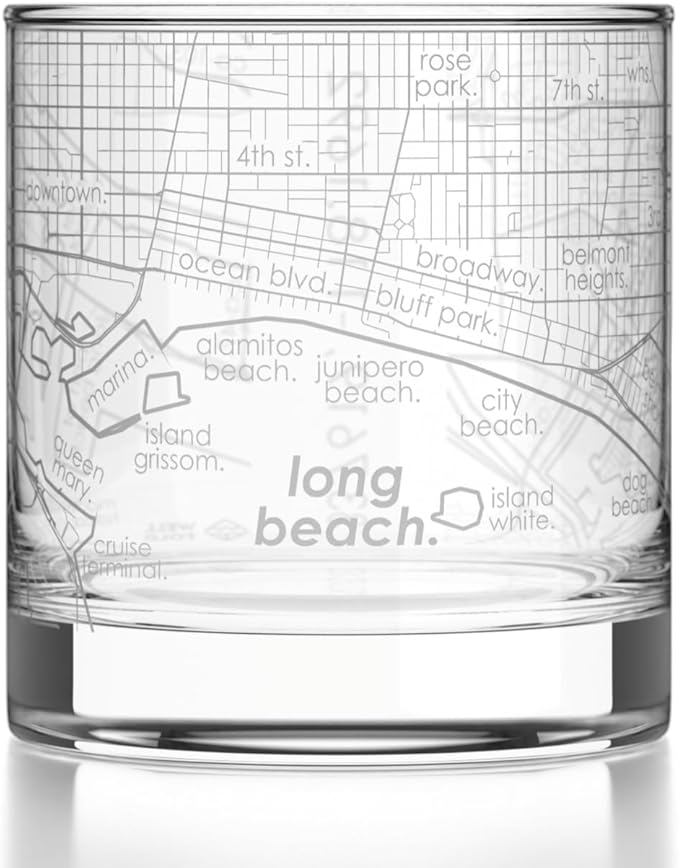 Well Told Engraved Long Beach California Map Rocks Glass, Old Fashioned Glassware (11 oz, Clear) Etched Bourbon Tumbler, Gifts For Whiskey Lovers