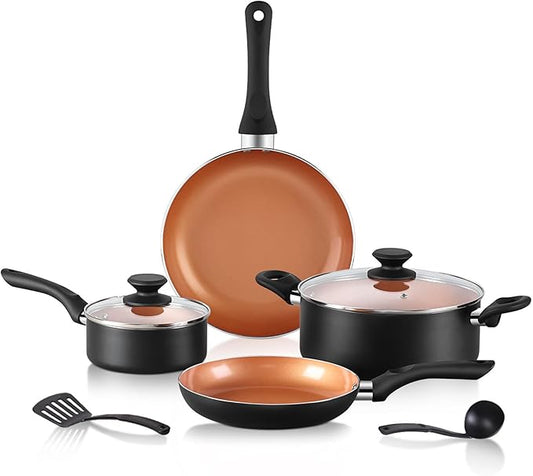 8pcs Gold Ceramic Pots and Pans Set, Cooking Pan Set,Cooking Pot Set Ceramic Pan Set, Nonstick Cookware Set, Induction Safe Kitchen Cooking Set with Frying Pans, Saucepans, shovel and Ladle