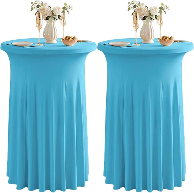 Qubjus 2 Pack Round Cocktail Table Covers with Skirt Stretch Spandex Tablecloth 24"x43" Cocktail Round Tablecloth for Party Wedding Birthday Banquet, Azure