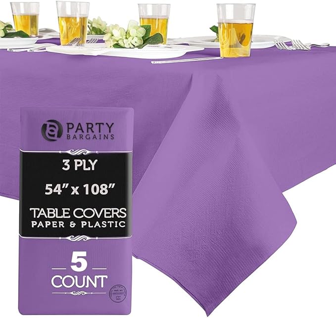 PARTY BARGAINS Disposable Table Covers, 54 x 108 Inch, Purple, 3-Ply Paper & Plastic Spill-Resistant Party Tablecloths, 5 Pack