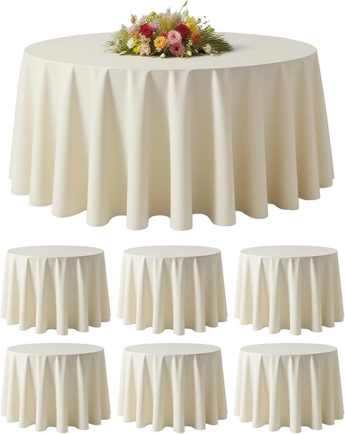BESTVIP 6 Pack 120" Ivory Round Fabric Tablecloths - Polyester Washable Decorative Table Cloth Cover for Wedding, Reception, Banquet, Birthday, Parties, Buffets, Restaurant