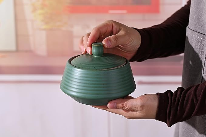 Retro Kitchen Canisters Ceramic Food Storage Jar Roud Shape with Silicone Airtight Lid for Tea, Coffee, Nuts, Herb, Spice, Sugar (Low Green)