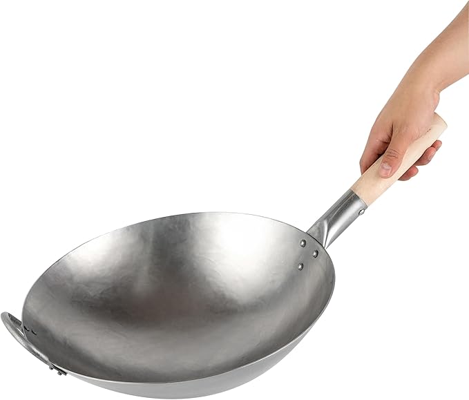 Motomori 14 Inch Hand-Hammered Carbon Steel Woks, 10 Traditional Japanese Woks - Round Bottom, Wooden Handle, Black Carbon Steel Traditional Stir Fry Pans, With Helper Handle - Restaurantware