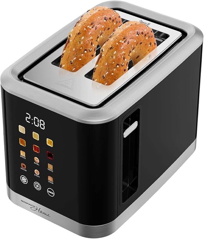 MAGNAVOX HOME, 2 Slice Smart Toaster, Touchscreen, Wide Slot for Bread, English Muffins, Croissants, and Bagels, 5 Adjustable Toast Settings, Cancel and Defrost, 6 Bread Types & Shade Settings
