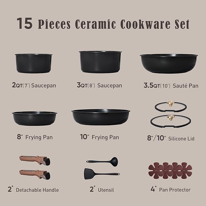 CAROTE 15Pcs Ceramic Cookware Set, Pots and Pans Set Non stick, Kitchen Cooking Set with Detachable Handle, Non Toxic Induction Cookware, Dishwasher/Oven Safe, PFAS Free, Black&Gold