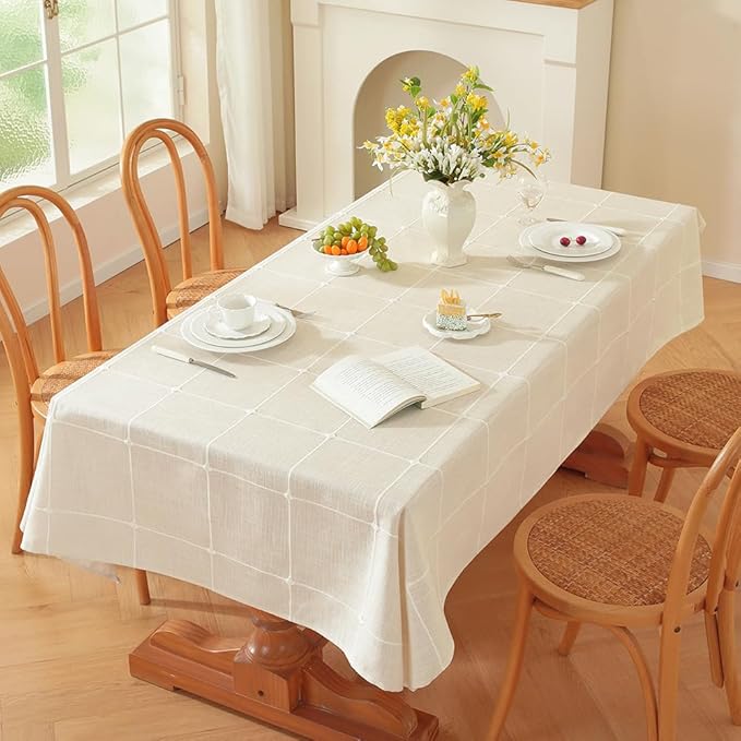 Zobesta Linen White Table Cloth Rectangle Table 53 x 70 Inch, Washable Farmhouse Boho Gingham Tablecloth Rectangle for Wedding, Kitchen, Picnic, Outdoor