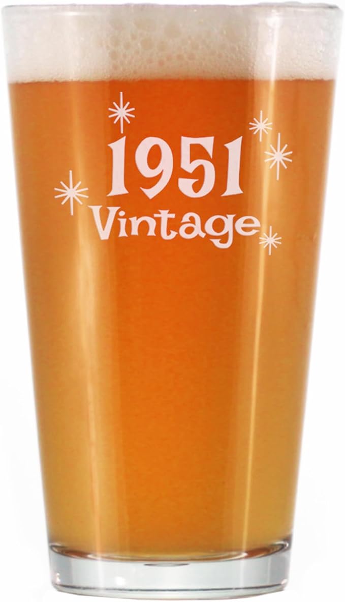 Bevvee Vintage 1951 Pint Glass for Beer - 75th Birthday Gifts for Men or Women Turning 75 - Fun Bday Party Decor - 16 oz