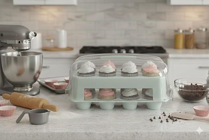 Cupcake Carrier, EXTRA TALL LID, Green Cupcake Holder Carries 24 Standard-Size Cupcakes, Muffin Traveler Two Tier Stand Reusable Cupcake Box
