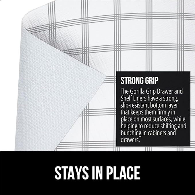 GORILLA GRIP Slip Resistant Drawer and Shelf Liner 2 Pack, Non Adhesive Water Resistant, Easy Trim, Smooth Surface Liners for Kitchen Cabinet, Shelves, Drawers Pantry, 12 IN x 10 FT, Stripe Gray White