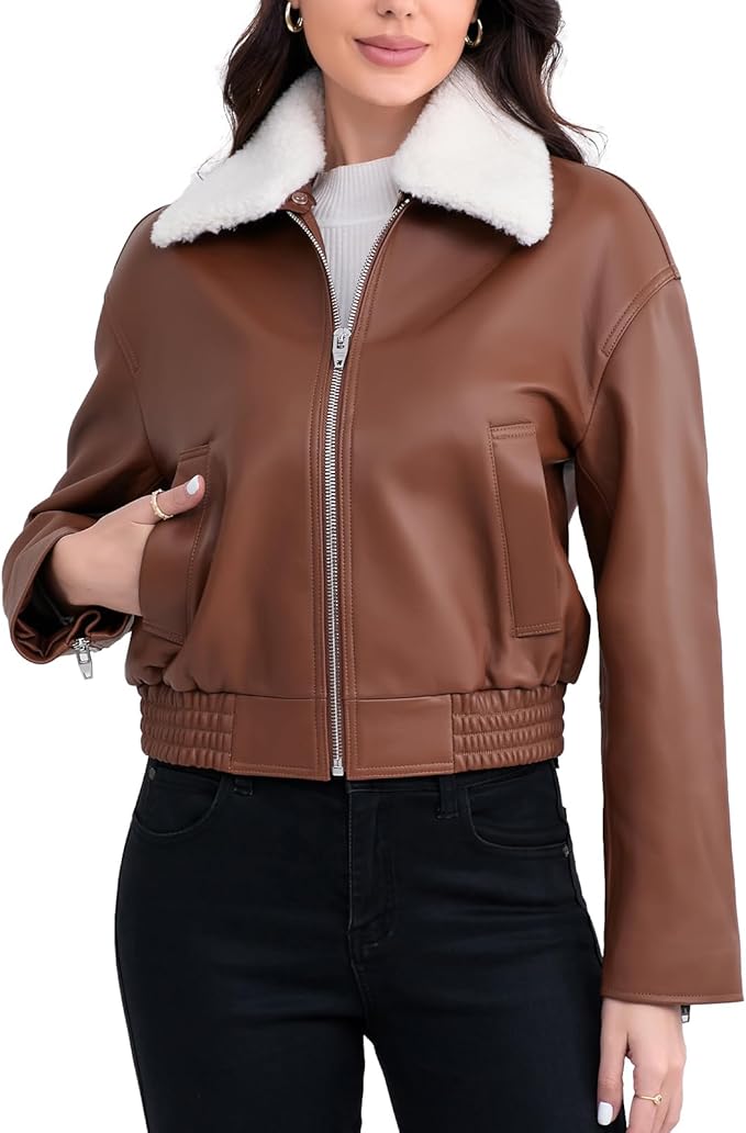 SILVER FASHIONS Leather Jacket Women,Cropped Lambskin Bomber Jacket,Removable Sherpa Collar, Zip Front, Elasticized Hem