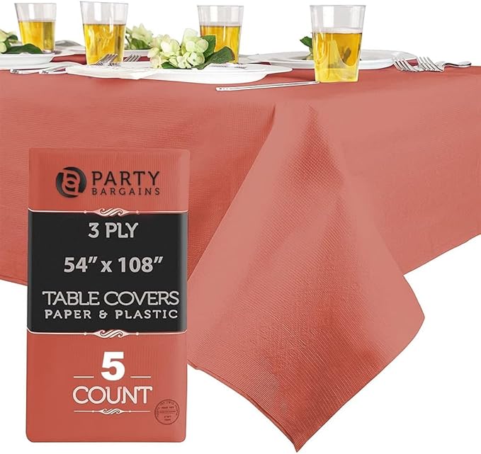 PARTY BARGAINS Disposable Table Covers, 54 x 108 Inch, Red, 3-Ply Paper & Plastic Spill-Resistant Party Tablecloths, 5 Pack