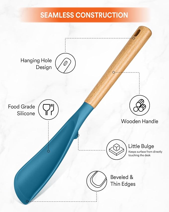 Multifunction Spoon for Nonstick Cookwares, Great for Cooking and Serving, Sturdy BPA-Free Matte Silicone, Wood Handle spoonula for Mixing, Scoop, and Scrape, Turquoise(2 pack,11.4" & 13.4")