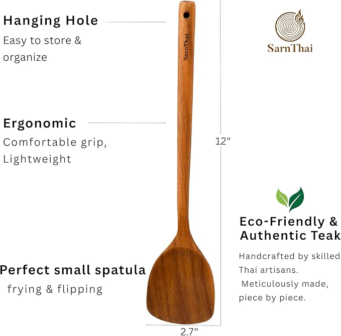 Teak Wood Wok Spatula Long Handle – Handmade Wooden Spatula for Cooking, Stir Frying & Flipping, Eco-Friendly Teak Wooden Utensil, Safe for Nonstick Pans