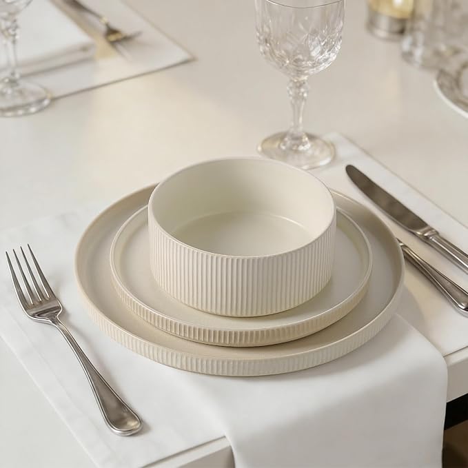 Dinnerware Set Service for 4, 12-Piece Ceramic Plates and Bowls Set, Chip & Scratch Resistant, Microwave and Dishwasher Safe, Modern Minimalist Tableware for Everyday Use, Matte White