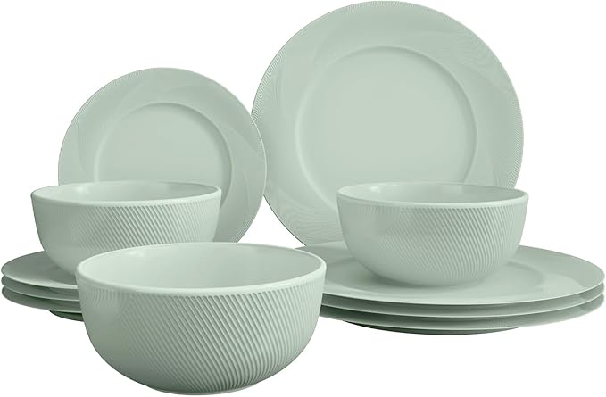 Yoshy 12-Piece White Bone China Dinnerware with Lightweight Durable Chip Resistant Design Service for 4 (12 Piece - Service for 4, Willowmist)