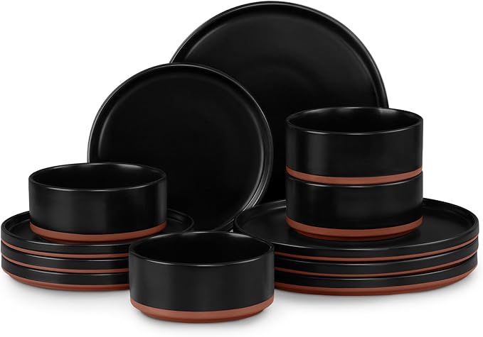 LIANYU 12 Pieces Porcelain Dinnerware Sets, Premium Plates and Bowls Set, High-Fired Ceramic Dishes Set for 4, Chip & Scratch Resistant, Microwave Dishwasher Safe, Charcoal Black