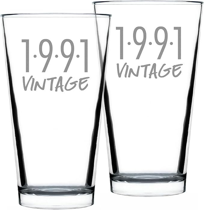 Bevvee Vintage 1991 Pint Glass for Beer - 35th Birthday Gifts for Men or Women Turning 35 - Fun Bday Party Decor - Set of 2-16 oz