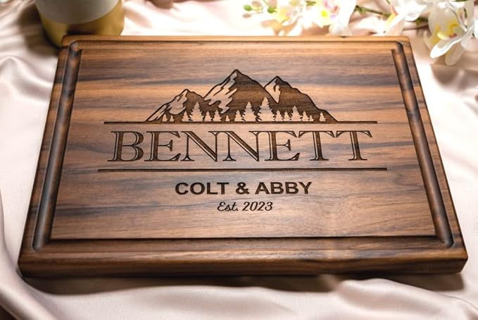 Personalized Cutting Board, Custom Wedding, Anniversary or Housewarming Gift Idea, Wood Engraved Charcuterie, for Family and Friends, Adventure Mountain Design 108
