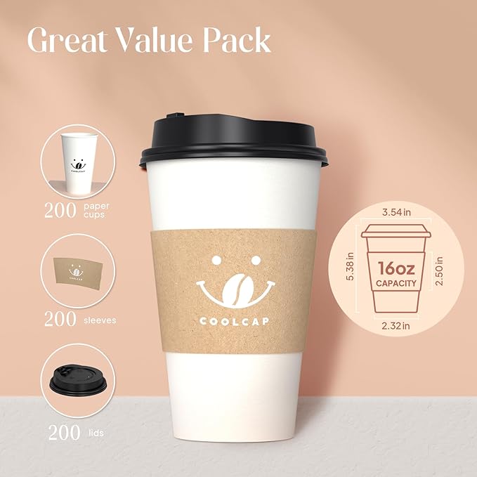 Coffee Cups with Lids and Sleeves, 16 Ounce 200 pack To Go Coffee Cups with Lids, Paper Hot Cups for Hot & Cold Beverage (White, 16 Ounce)