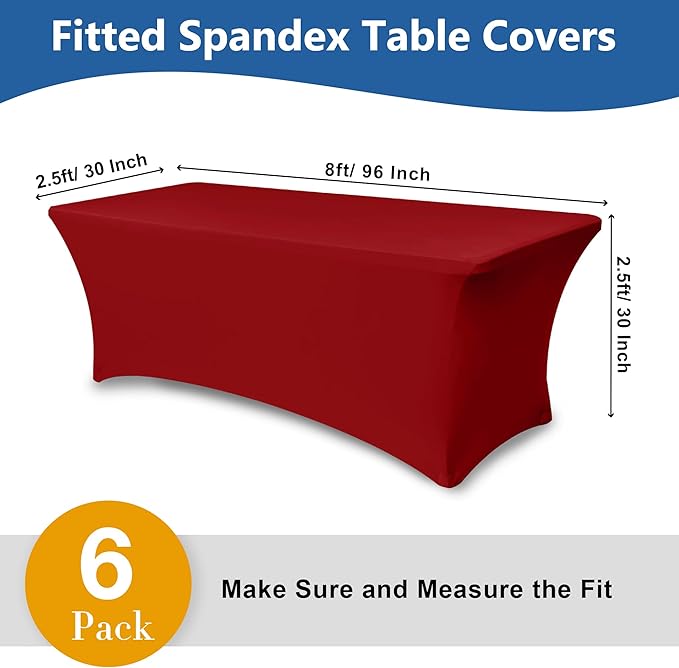 Spandex Table Cloths for 8 Foot Rectangle Tables-6 Pack Fitted Stretch Red Table Covers-Elastic Christmas Tablecloths for Party, Vendor Booth Display, Banquet Buffet Event, Craft Trade Show