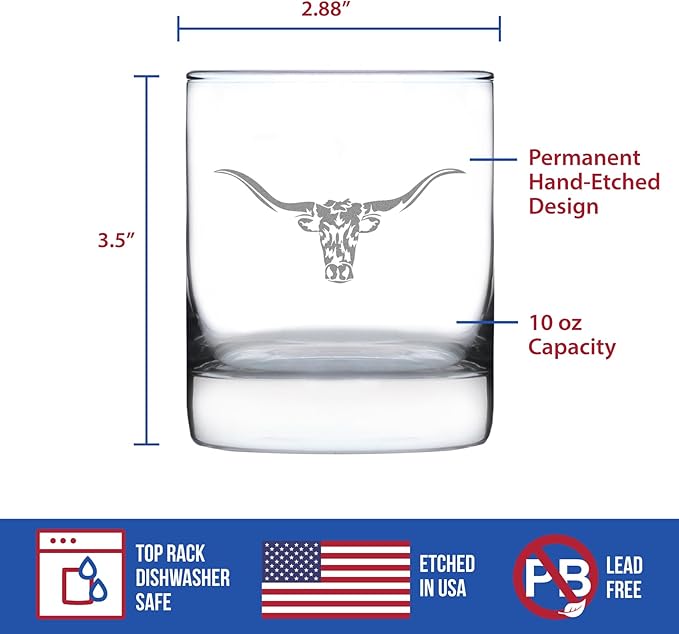 Custom Longhorn - Personalized Whiskey Rocks Glass - Western Themed Farm Decor and Gifts for Texan Ranchers - 10.25 Ounce - Customized Bourbon Glass Gift