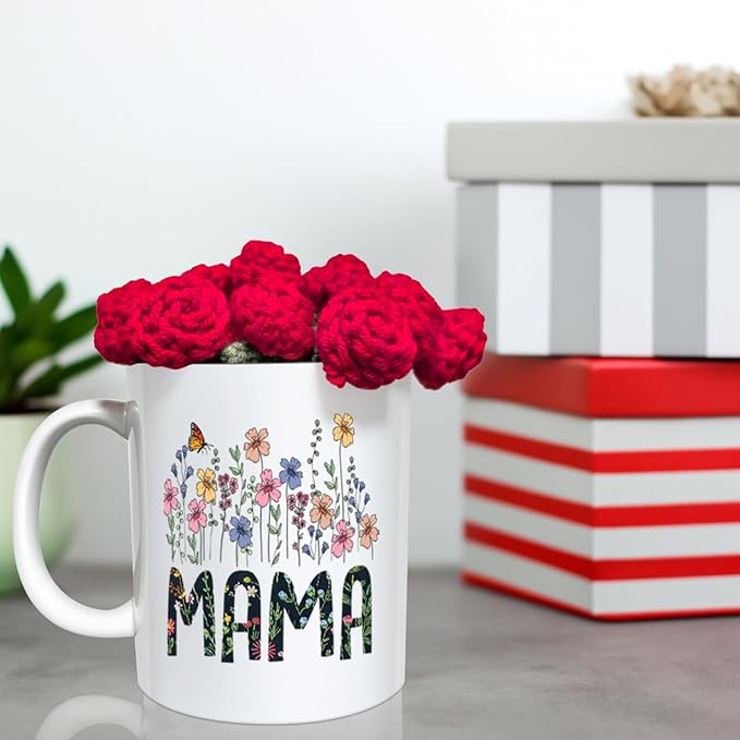 "MAMA Ceramic Flower Mug Christmas with Handmade Crochet Rose Coaster – 1st Mother’s Day Gift – 11oz Tea/Coffee Mug with Floral Design for Moms