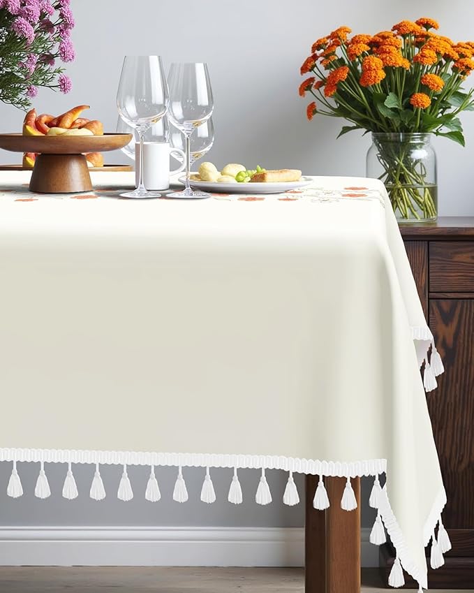 Farmhouse Rectangle Tablecloth 55''x 90'' with Tassels, Red Floral Linen Table Cloths Wrinkle Free, Waterproof Heavy Duty Table Cover for Kitchen Dining Party