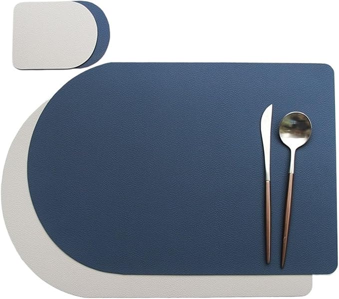 Placemat Washable Set Dual Side Tableware Pad Leather Heat Lnsulation Waterproof Non-Slip Bowl Coaster Kitchen(Blue Gray)