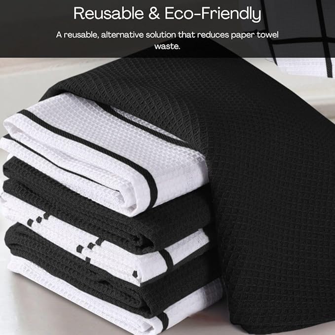 Assorted Waffle Kitchen Dish Towels Cotton Set of 6, Soft Absorbent Quick Drying Table and Kitchen Linen, Tea Towels and Cleaning Towels with Hanging Loop, Dish Towels 15x25 Black