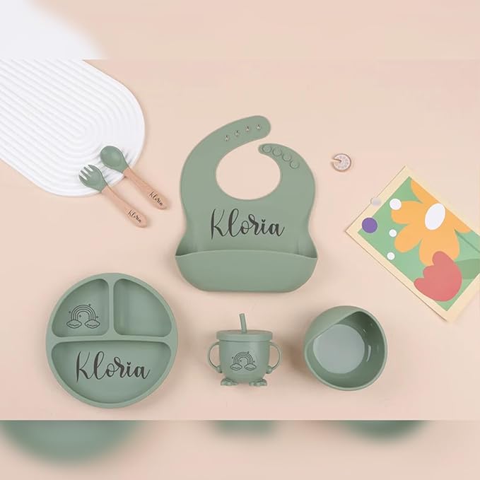 Silicone Feeding Set with Engraved Name for Baby-Led Weaning - Personalized Suction Plate, Bib, Utensils Eco-Friendly, BPA-Free Toddler Essentials - Newborn Shower Gift (6pc set)